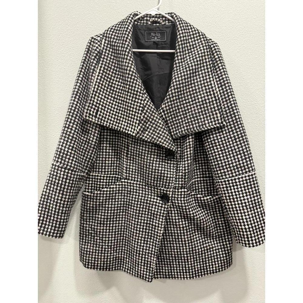Mo-Ka black and white houndstooth Pea Coat, Women's Medium